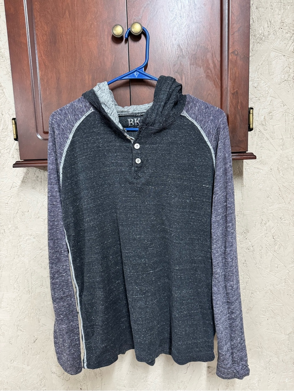 BKE Black Hooded Henley with Heathered Purple Raglan Sleeves